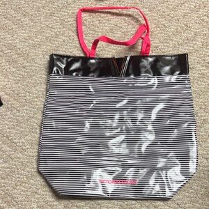Victoria’s Secret Chic Black and White Striped Tote Bag with Pink Accents